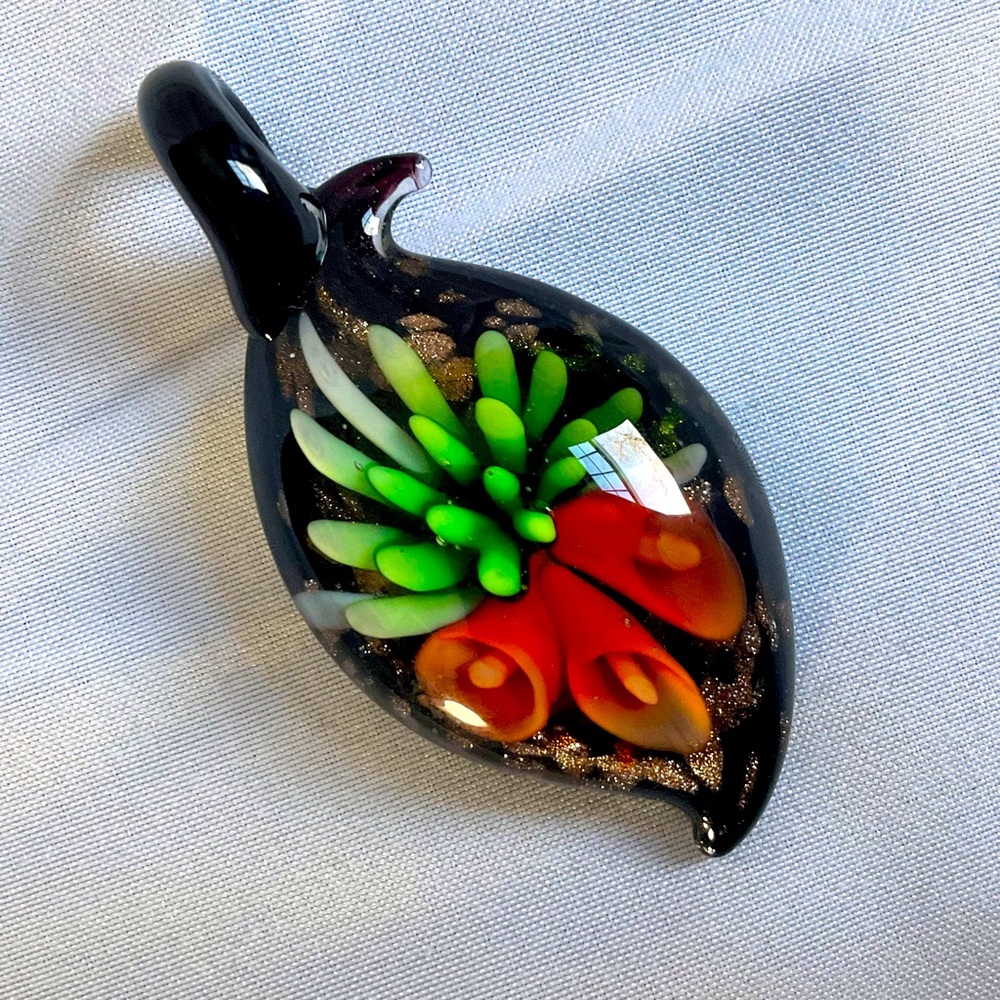 Handcrafted Lampwork Glass Pendant. Teardrop. Freeform. Green and Red Flower.